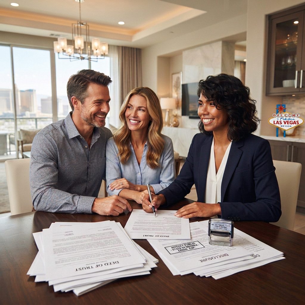 Bilingual Las Vegas notary Veronica Calles witnessing a couple signing deed of trust and disclosure documents at a table